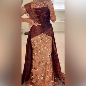 Elegant Brown and Gold Embellished Dress (Custom)